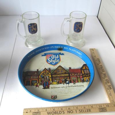 Lot 218:  Vintage Old Style Beer Tray and 2 Lowenbrau Glasses