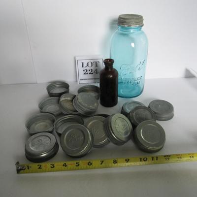 Antique Aqua Ball Mason Jar, Lead Covers With Milk Glass Inserts, Old Listerine Bottle