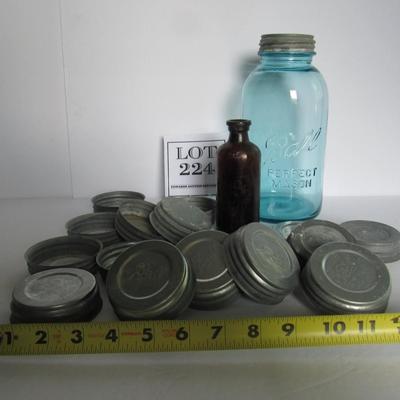 Antique Aqua Ball Mason Jar, Lead Covers With Milk Glass Inserts, Old Listerine Bottle