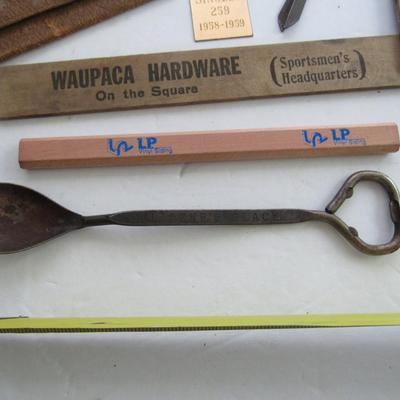 Junk Drawer Lot: Advertising Items Ruler, Pencil, Lydia Pinkhams Coin Purse, More