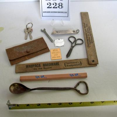Junk Drawer Lot: Advertising Items Ruler, Pencil, Lydia Pinkhams Coin Purse, More
