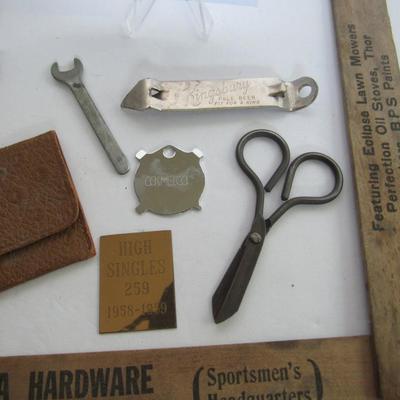 Junk Drawer Lot: Advertising Items Ruler, Pencil, Lydia Pinkhams Coin Purse, More