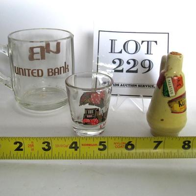 Shot Glass, UB Mug and Pottery Mini Bottle