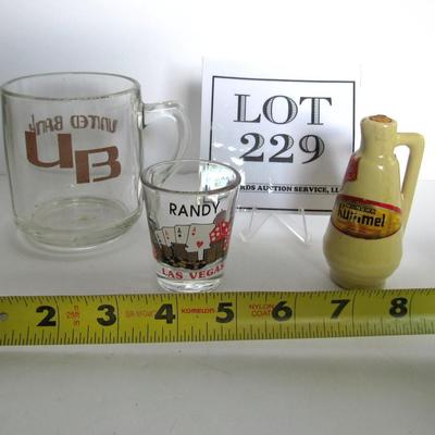 Shot Glass, UB Mug and Pottery Mini Bottle