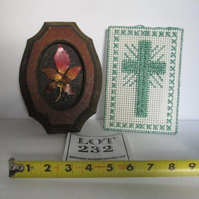 Wood Framed Metal Flower and Cross Stitch Cross