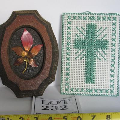 Wood Framed Metal Flower and Cross Stitch Cross