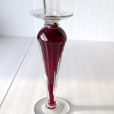 Lot 249:  Tall Glass Candle Holder, Red and Clear