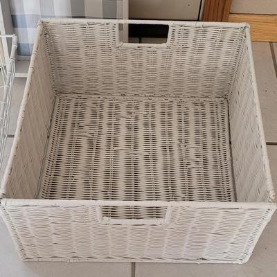 White Decorative Organizer Baskets and Wood Trays