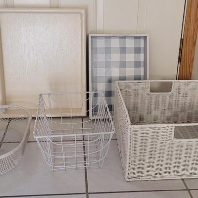 White Decorative Organizer Baskets and Wood Trays