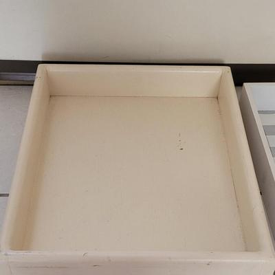 White Decorative Organizer Baskets and Wood Trays