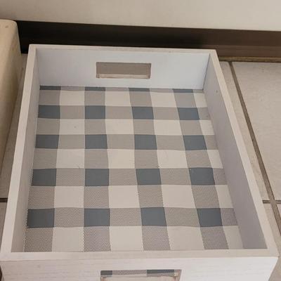 White Decorative Organizer Baskets and Wood Trays