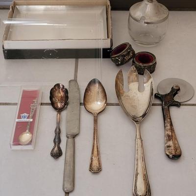 NIckle Silver and Silverplate Flatware, Sugar Bowl, Napkin Rings, and Plastic Dishes m