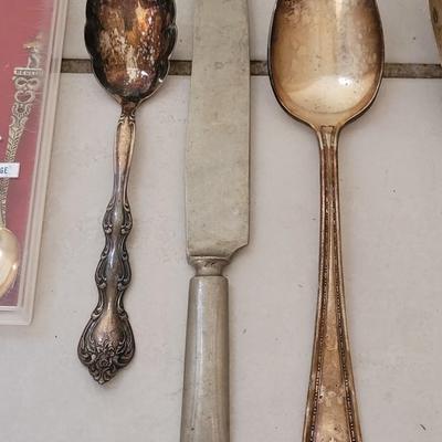 NIckle Silver and Silverplate Flatware, Sugar Bowl, Napkin Rings, and Plastic Dishes m