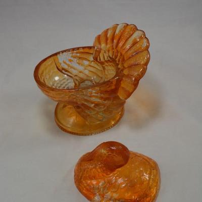 Covered Glass Turkey Orange Candy Dish
