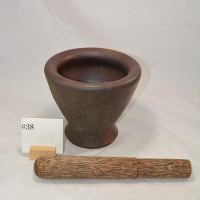 Vintage Ceramic Mortar with Wooden Pestle Measures 12"x7.5"