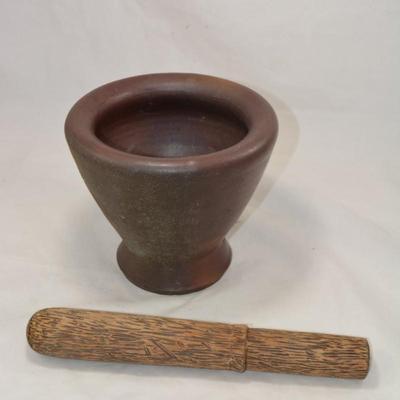 Vintage Ceramic Mortar with Wooden Pestle Measures 12"x7.5"