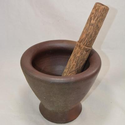 Vintage Ceramic Mortar with Wooden Pestle Measures 12"x7.5"