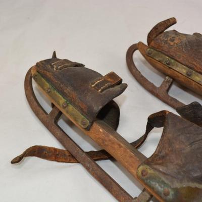 Antique Wood, Leather, and Iron Ice Skates