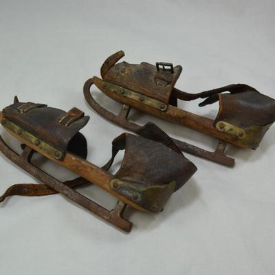 Antique Wood, Leather, and Iron Ice Skates