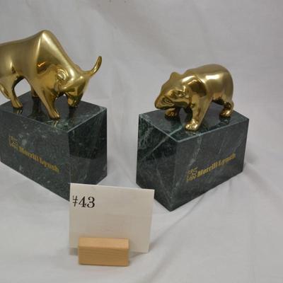 Brass & Marble Merrill Lynch Bull + Bear Bookends