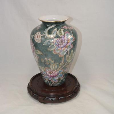 Floral Glazed Asian Vase with Stand