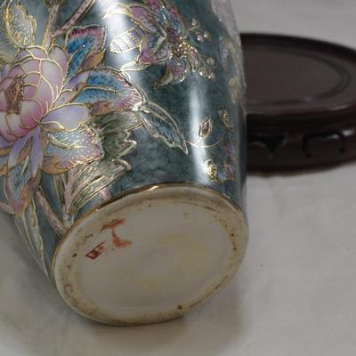 Floral Glazed Asian Vase with Stand
