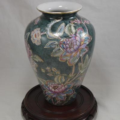 Floral Glazed Asian Vase with Stand