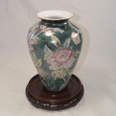 Floral Glazed Asian Vase with Stand