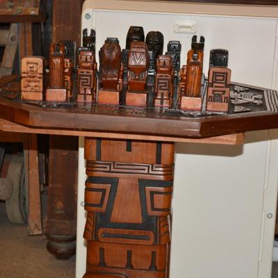 Carved Wooden Maya Themed Chess Set/Board