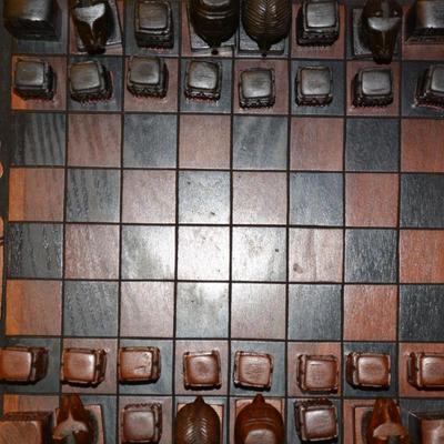 Carved Wooden Maya Themed Chess Set/Board