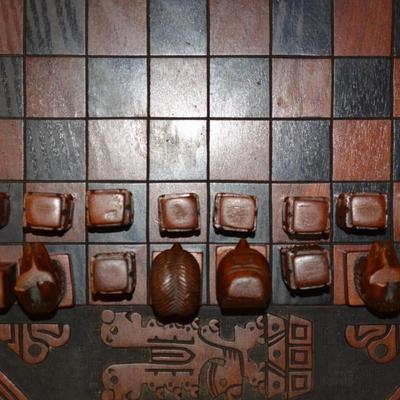Carved Wooden Maya Themed Chess Set/Board