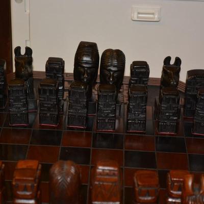 Carved Wooden Maya Themed Chess Set/Board