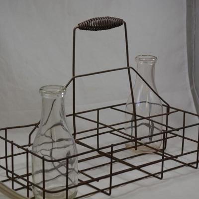 Vintage Wire Milk Basket with 2 Bottles