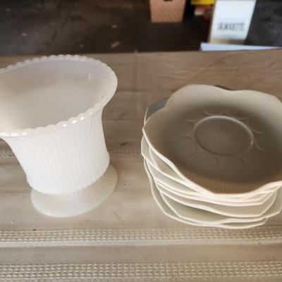 Milk glass vase and white small dishes