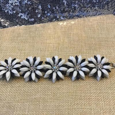 Vintage Signed Coro Soft Black/White Flower Plastic Rhinestone Bracelet