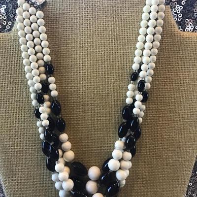 Vintage Black And White Glass Milk Glass Beaded Necklace