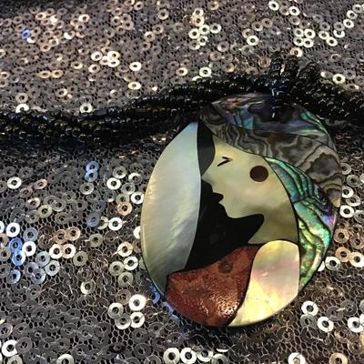 Teardrop Pendant Necklace  Iradescent Black Seed Bead  Abalone & Mother of Pearl