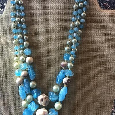 Vintage Triple Strand Blue Art Glass Bead Necklace Stripes Japan