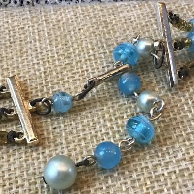 Vintage Triple Strand Blue Art Glass Bead Necklace Stripes Japan