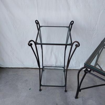 IRON SIDE TABLE WITH GLASS TOP AND 2 TIER IRON PLANT STAND