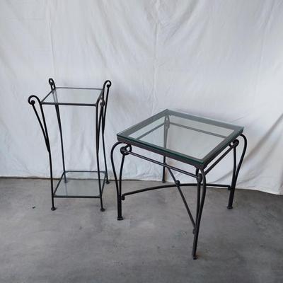 IRON SIDE TABLE WITH GLASS TOP AND 2 TIER IRON PLANT STAND