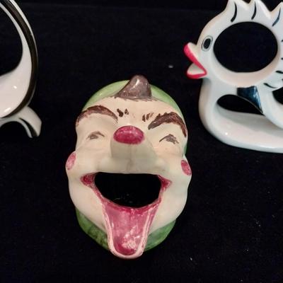 POTTERY CLOWN FACE ASHTRAY AND 2 UNIQUE FIGURES