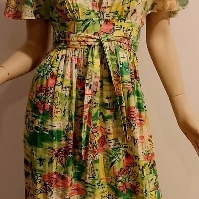 Vtg 1970s Island in the Sun   Abstract Maxi dress Hand printed