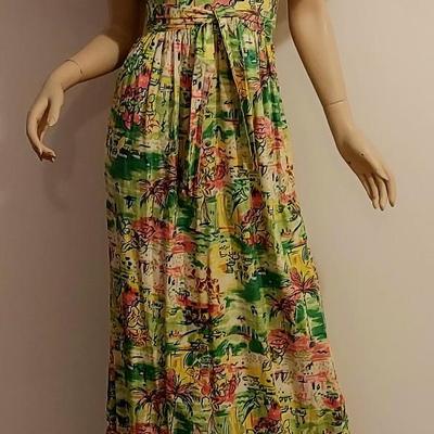 Vtg 1970s Island in the Sun   Abstract Maxi dress Hand printed