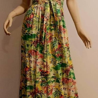 Vtg 1970s Island in the Sun   Abstract Maxi dress Hand printed