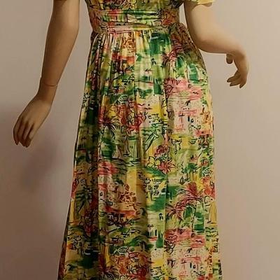 Vtg 1970s Island in the Sun   Abstract Maxi dress Hand printed