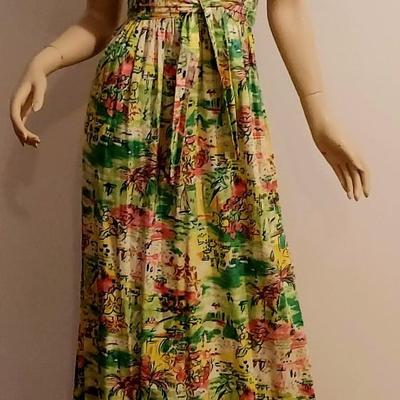 Vtg 1970s Island in the Sun   Abstract Maxi dress Hand printed