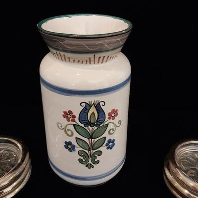 AUSTRIA HAND PAINTED VASE WITH 6 SILVER PLATED GLASS COASTERS
