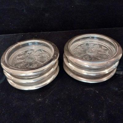 AUSTRIA HAND PAINTED VASE WITH 6 SILVER PLATED GLASS COASTERS