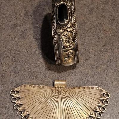Unmarked Sterling Onyx Cuff and Pendant